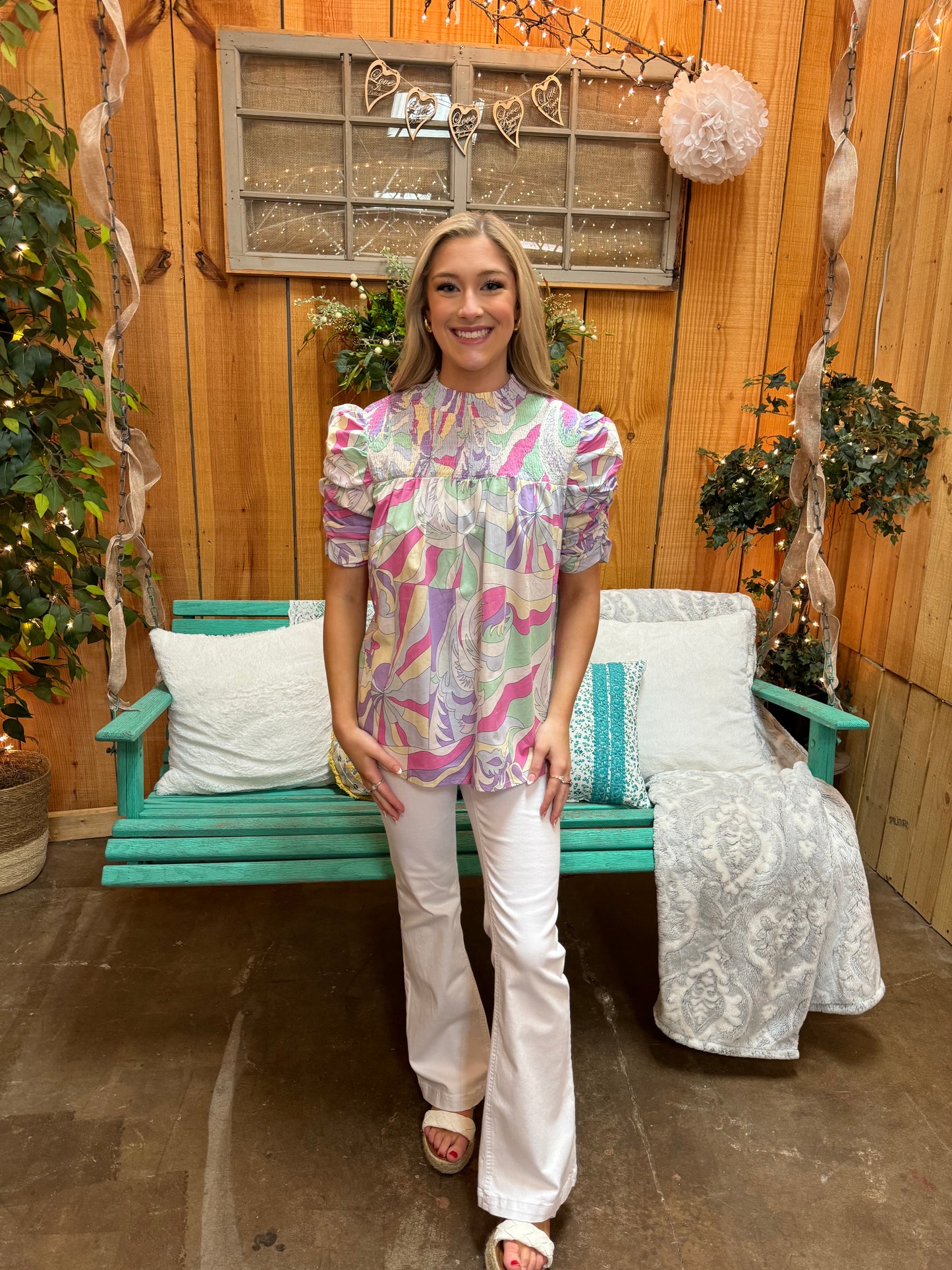 TO THE TROPICS ABSTRACT BLOUSE