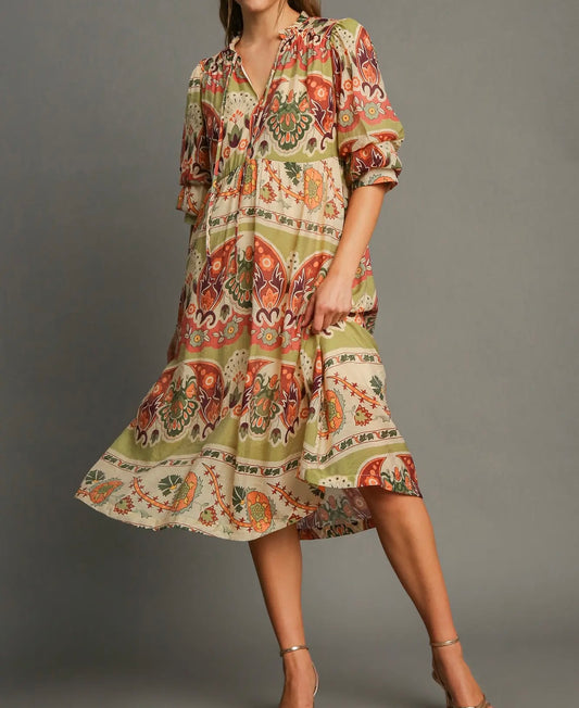 ORA PRINT BORDER MIDI DRESS