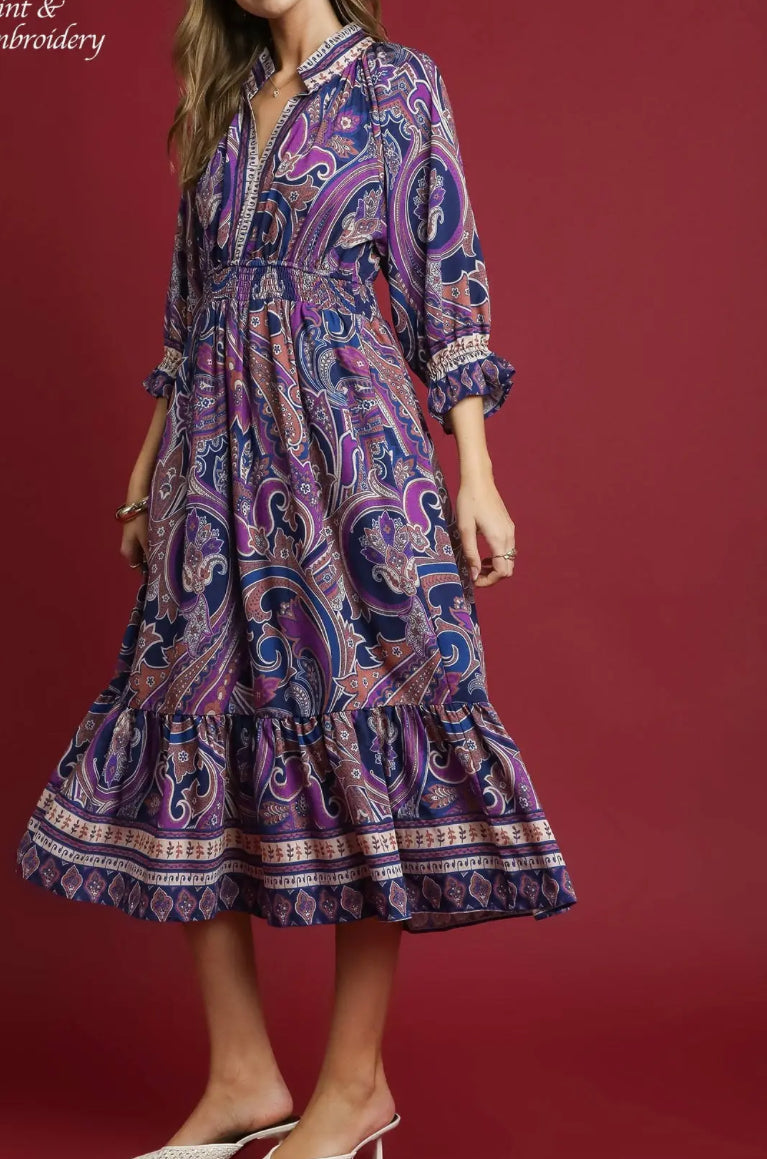 PRINTED PAISLEY MIDI DRESS