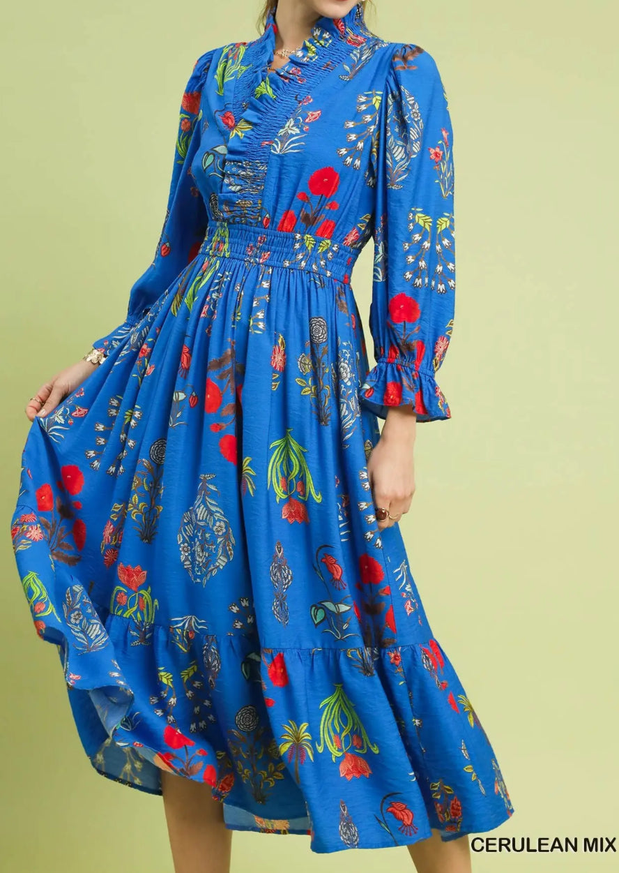 CERULEAN FLORAL MIDI DRESS